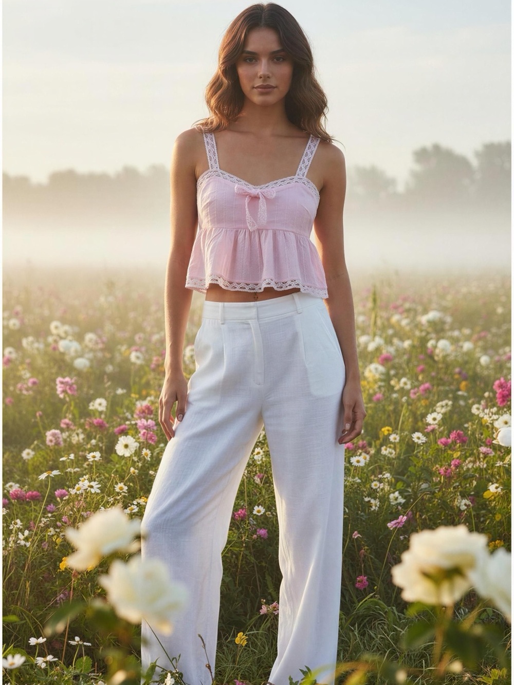 Altar d State Lace-Trim Pink Crop Tank Top